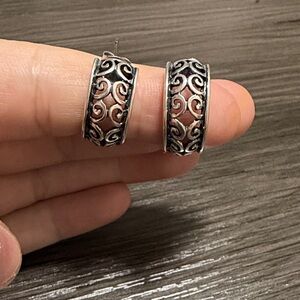 vintage Sterling Silver 925 Scroll Hoop Earrings - Silver
